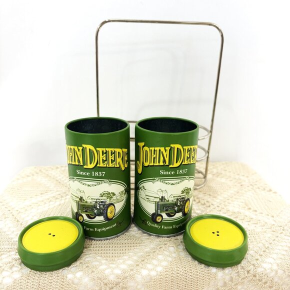 John Deere Metal Salt and Pepper Shaker Set w/ Caddy EUC - Picture 2 of 11